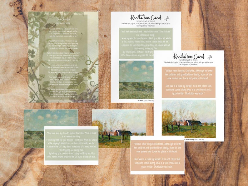May include: Four printable cards with text and images. The cards are for a recitation activity. The text on the cards includes quotes from Charlotte Bronte's novel Jane Eyre. The images are paintings of landscapes with blue skies and white clouds.