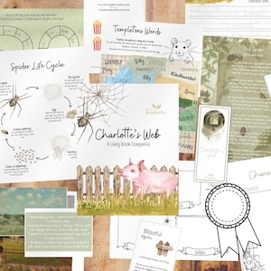 Könnte beinhalten: Ein Satz pädagogischer Ressourcen für Kinder, die auf dem Buch Charlotte's Web basieren. Das Set enthält ein Diagramm des Spinnenlebenszyklus, eine Aktivität zum Sortieren von Charakteren, eine Wortliste und eine Schweineillustration.