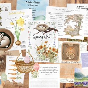 以下が含まれることがあります： 春をテーマにした教育用印刷物のコレクション。ウサギ、水仙、卵のある巣のイラストが含まれています。「Spring Unit」、「Daffodil Anatomy」、「The Art of Candling」などのテキストが含まれています。