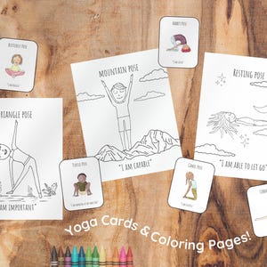 Pacchetto di carte da colorare per esercizi di yoga per bambini, mantra fatti a mano, affermazione, esercizio di consapevolezza, schede flash stampabili per mamma e me, lezione di yoga