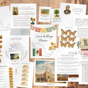 May include: A collection of printable educational resources for Cinco de Mayo, including a map of Mexico, a memory game, a coloring page of the Mexican coat of arms, a traditional food activity, and an art study of a painting by Patricio Ramos Ortega.