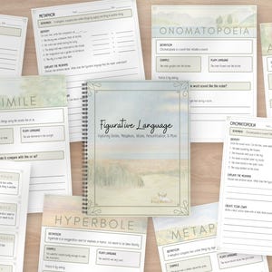 May include: A spiral-bound workbook titled Figurative Language: Exploring Similes, Metaphors, Idioms, Personification, & More, surrounded by several educational worksheets covering topics like onomatopoeia, similes, and hyperbole.