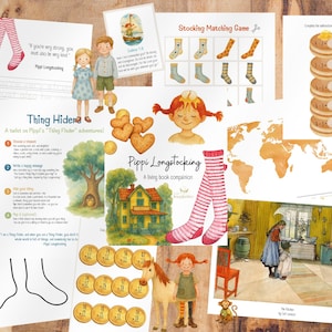 May include: A set of printable activity sheets featuring Pippi Longstocking, a fictional character from a Swedish children's book. The sheets include a stocking matching game, a thing hider game, a design your own longstocking activity, and a world map.