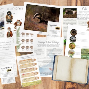 May include: A set of printable educational resources for children featuring illustrations of animals, including a badger, a mole, and a frog. The resources include activities such as character cut-outs, a backyard river activity, and a motor car activity. The resources are printed on white paper with a watercolor-style design.