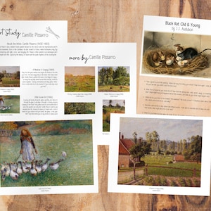 May include: A collection of art prints featuring paintings by Camille Pissarro and J.J. Audubon. The prints are on white paper with black text. The Pissarro prints depict landscapes with a focus on nature and rural life. The Audubon print features a black rat and its young in a nest.