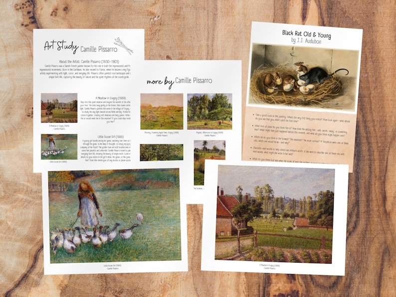May include: A collection of art prints featuring paintings by Camille Pissarro and J.J. Audubon. The prints are on white paper with black text. The Pissarro prints depict landscapes with a focus on nature and rural life. The Audubon print features a black rat and its young in a nest.