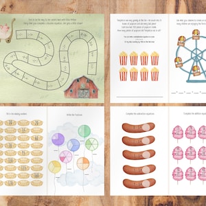 May include: A printable worksheet with a variety of math problems for kids. The worksheet features a colorful cartoon theme with images of a Ferris wheel, popcorn, hot dogs, and cotton candy. The problems include addition, subtraction, and fractions.