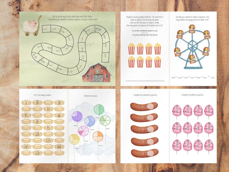 May include: A printable worksheet with a variety of math problems for kids. The worksheet features a colorful cartoon theme with images of a Ferris wheel, popcorn, hot dogs, and cotton candy. The problems include addition, subtraction, and fractions.