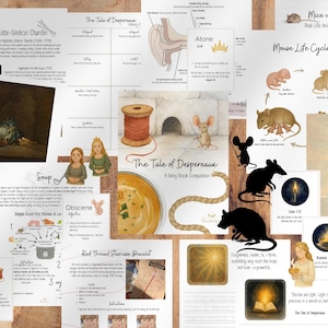 Könnte beinhalten: Eine Sammlung von Lernvorlagen und Illustrationen, darunter Kunststudien, Buchbegleiter und Lebenszyklusdiagramme. Das Bild zeigt Text und Illustrationen zu Literatur, Kunst und Wissenschaft, mit einem Schwerpunkt auf Mäusen und Ratten.