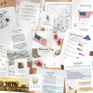 May include: A collection of educational printables on a wooden surface. The printables include illustrations of poppies, American flags, and text about Memorial Day, flag etiquette, and the poem "In Flanders Fields".