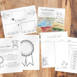 May include: Black and white printable activity sheets for a children's book about a pig, a spider, a rat, and a goose. The sheets include character sort, word lists, and a ribbon award activity.