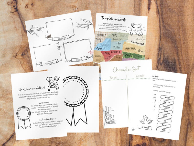 May include: Black and white printable activity sheets for a children's book about a pig, a spider, a rat, and a goose. The sheets include character sort, word lists, and a ribbon award activity.