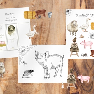 May include: Printable Charlotte's Web themed book marks and character cut-outs. The book marks feature a spider web and a pig. The cut-outs include a sheep, goose, pig, spider, rat, bucket, and a manger.