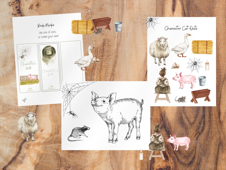 May include: Printable Charlotte's Web themed book marks and character cut-outs. The book marks feature a spider web and a pig. The cut-outs include a sheep, goose, pig, spider, rat, bucket, and a manger.