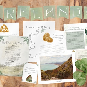 May include: A set of printable educational materials about Ireland, featuring a map of the country, a poem, a shamrock, and a saint Patrick's Day fact sheet. The materials are designed for children and include a coloring page and a writing prompt.