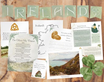 Ireland World Study Unit St. Patrick's Day Homeschool Resources Charlotte Mason Copywork Educational Digital Printable Lesson Clover Rainbow