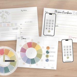 May include: Educational worksheets for children including an I Know My Address sheet with a house icon, a Phone Numbers To Know sheet with a smartphone keypad graphic, and a What Time Is It sheet with a colorful clock face and time-telling guide.
