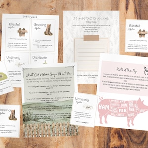 May include: A set of printable educational worksheets for kids featuring vocabulary words, writing prompts, and a diagram of a pig with labeled parts. The worksheets have a rustic, farmhouse aesthetic with a brown wood background.