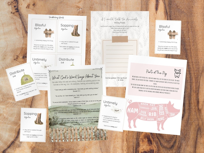 May include: A set of printable educational worksheets for kids featuring vocabulary words, writing prompts, and a diagram of a pig with labeled parts. The worksheets have a rustic, farmhouse aesthetic with a brown wood background.