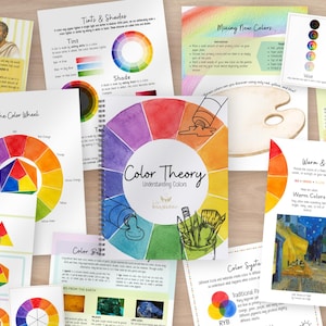 Op de afbeelding: Een spiraalgebonden educatief werkboek getiteld Color Theory Understanding Colors, met een centrale illustratie van een kleurenwiel, verftubes en penselen, omringd door meerdere instructiebladen die het mengen van kleuren, tinten, schaduwen en concepten van warme en koele kleuren beschrijven.