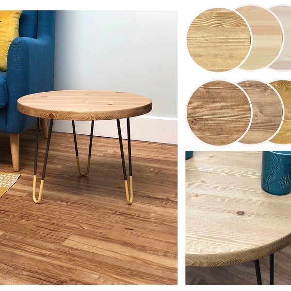 HOI // Handmade Scandinavian Round Coffee Table with Yellow Tipped Hairpin Legs