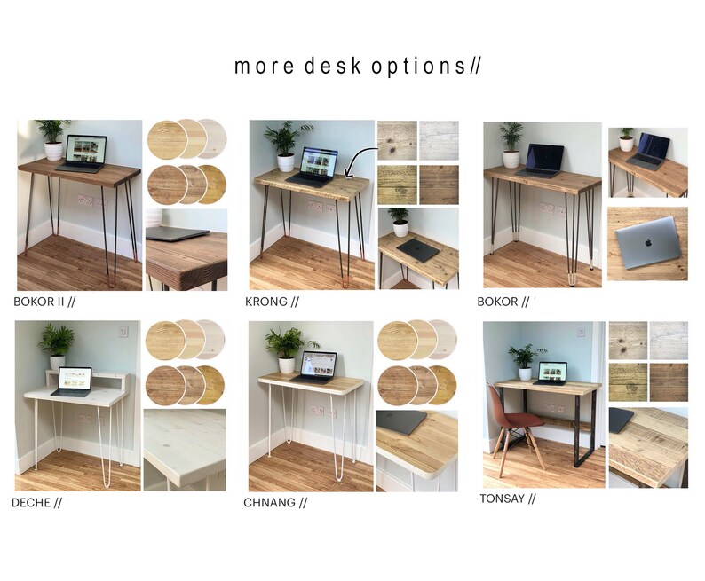 May include: Six different desk designs with various wood finishes and hairpin legs. The desks are shown in different rooms with plants and laptops. The text "more desk options //" is at the top of the image.