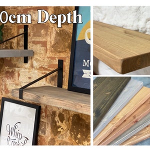 May include: A set of rustic wooden shelves with black metal brackets. The shelves are 30cm deep and come in a variety of wood finishes, including natural, grey, and dark brown.