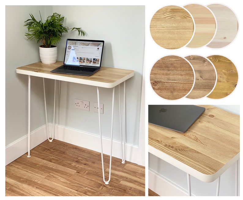 May include: White metal hairpin legs support a light wood desktop with a white edge. The desk is 75 cm wide and 45 cm deep. A laptop computer is on the desktop.