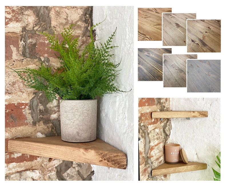 May include: Two wooden corner shelves with a plant in a gray pot on the top shelf. The shelves are mounted on a brick wall. The bottom shelf has a candle and a small wooden coaster on it.
