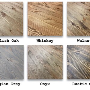 May include: Six wood samples showing different wood stain colors. The colors are English Oak, Whiskey, Walnut, Belgian Grey, Onyx, and Rustic Oak.