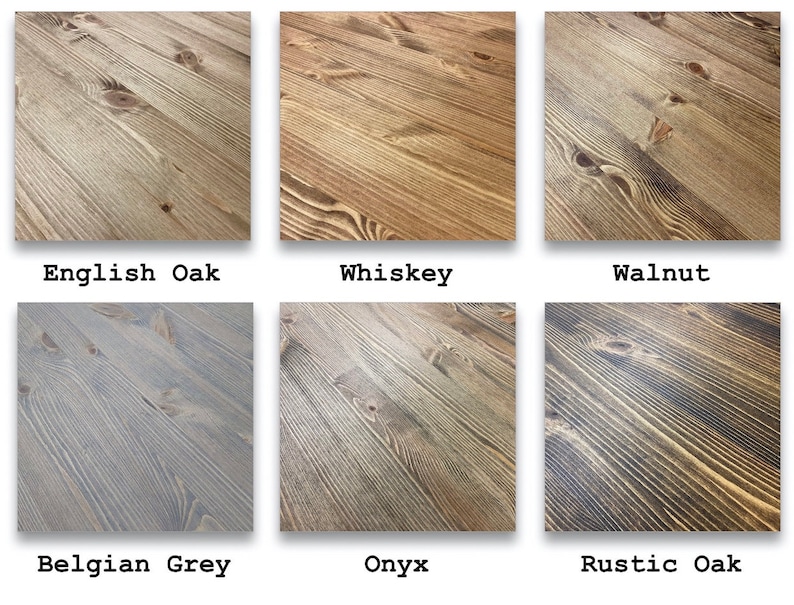 May include: Six wood samples showing different wood stain colors. The colors are English Oak, Whiskey, Walnut, Belgian Grey, Onyx, and Rustic Oak.