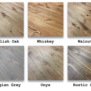 May include: Six wood samples stained in different colors: English Oak, Whiskey, Walnut, Belgian Grey, Onyx, and Rustic Oak.