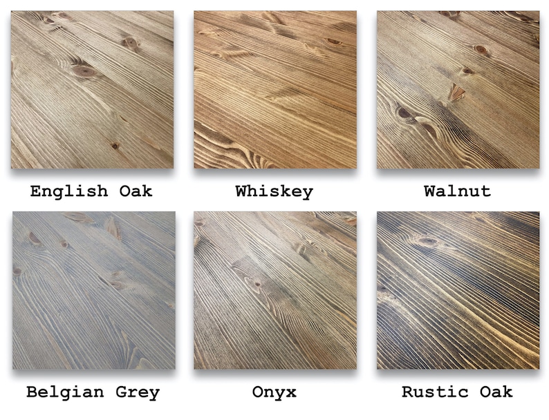 May include: Six wood samples stained in different colors: English Oak, Whiskey, Walnut, Belgian Grey, Onyx, and Rustic Oak.