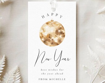 Happy New Year Gold Disco Ball Gift Tag Template, Editable NYE Party Favor Tags, DIY New Years Eve 2026, Templett Instant Download