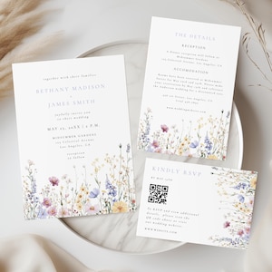 Set di modelli di inviti di nozze con fiori di campo, inviti floreali boho modificabili, giardino stravagante stampabile, codice QR RSVP, download immediato