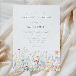 May include: A wedding invitation with floral watercolor design. The invitation includes the names Bethany Madison and James Smith, the date, time, and location: Midsummer Gardens, Los Angeles, CA. The invitation is on a white background.