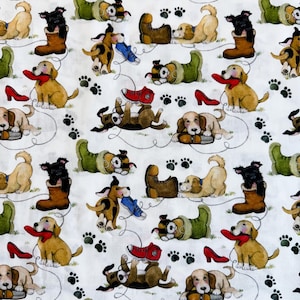 Puppies and Shoes Cotton Calico Fabric: Playful Print