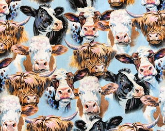May include: A repeating pattern of cow faces on a light blue background. The cows have various coat colors, including brown, black, and white, with some featuring long, shaggy fur. The image is a close-up, showcasing the cows' expressive faces and horns.