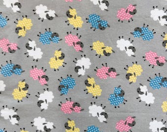 Colorful Lambs on Gray Background, Snuggle Flannel Cotton Fabric