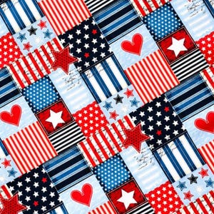 May include: A patriotic patchwork design featuring red, white, and blue squares. The squares display stars, stripes, and hearts, creating a festive and celebratory pattern. The design is reminiscent of the American flag.