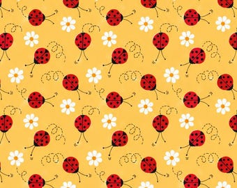 Ladybug Garden Cotton Fabric – Red Ladybugs & White Daisies Print