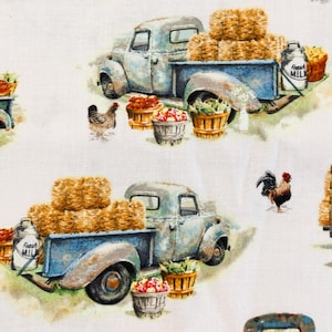 Cotton Calico Fabric with Blue Farm Truck, Hay, Flowers, Milk, Apples and Chickens