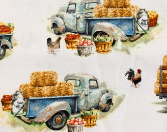 Blue Farm Truck Cotton Calico Fabric with Hay, Flowers, Milk, Apples & Chickens by the Yard
