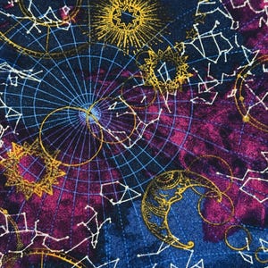 Moon and Stars are a Repeating Pattern on this Dark Blue and Purle Cotton Fabric