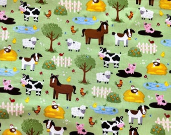 Farm Life and Animals on Cotton Fabric