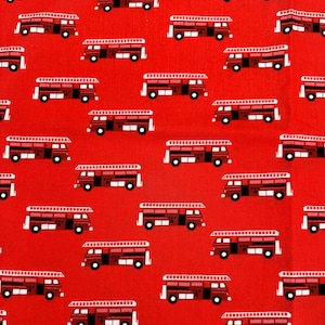 Firetrucks on Red Cotton Fabric