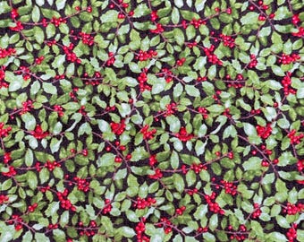 Holly Berry Christmas Fabric, Red Berries & Green Leaves Cotton Fabric