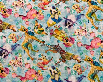 May include: A fabric pattern featuring a repeating design of stylized dogs in various poses. The dogs are rendered in vibrant colors and patterns, set against a light blue background with green paw prints.