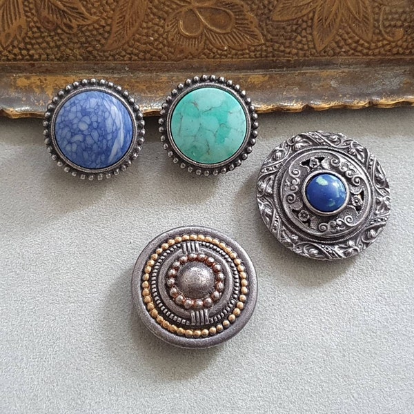 Stunning Old World Charm Pewter Tone Button Covers; Faux Lapis; Faux Turquoise; Vintage Accessories; Perfect Formal or Fun Everyday Wear