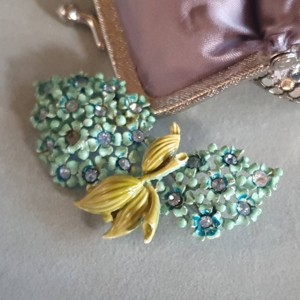 Stunning Vintage Enamel Floral Brooch; Clear Glass Rhinestones; Cocktail, Formal or Bridal Party Bling; Unique Gift For Her; Old World Charm